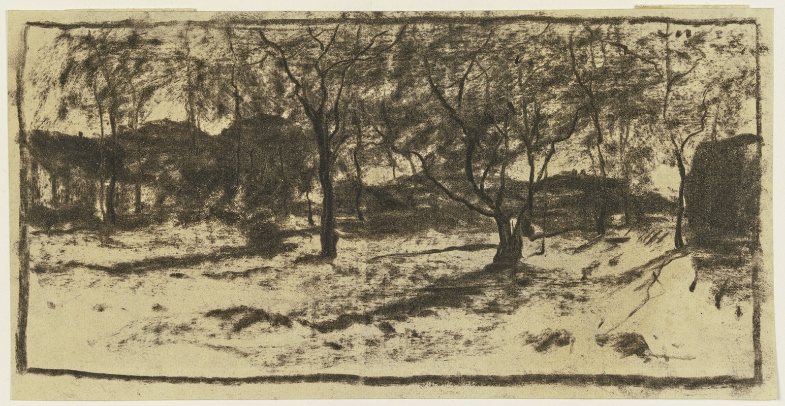 Obstbäume im Schnee, im Hintergrund Häuser — Sion Longley Wenban