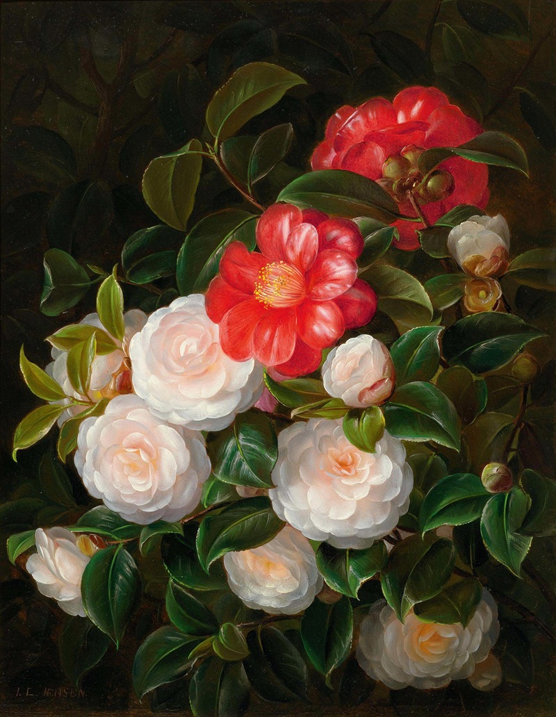 Red and white camellias by Johan Laurentz Jensen, 1818-1856 — digital art print download