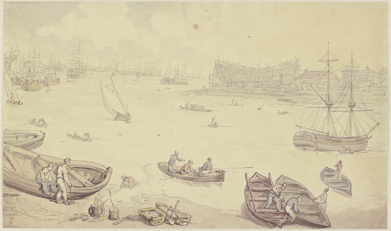 Fluß mit vielen Schiffen und einer Werft by Thomas Rowlandson — digital art print download