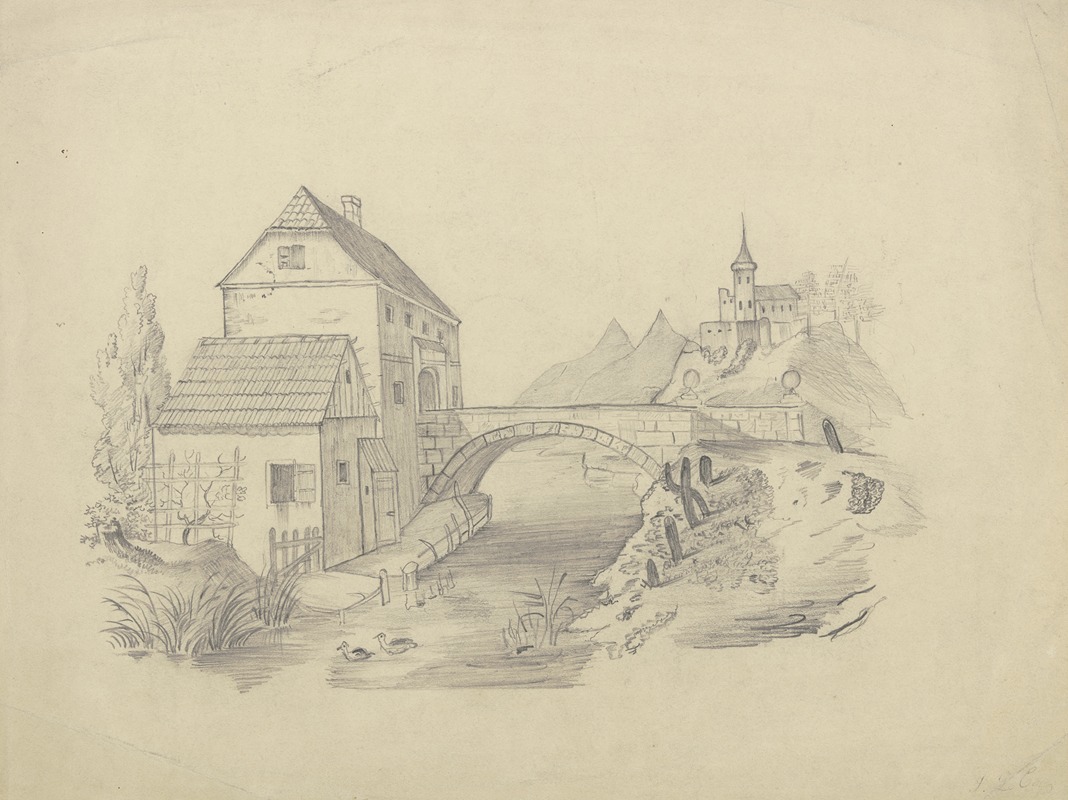 Brückenhaus vor bergiger Landschaft — Victor Müller