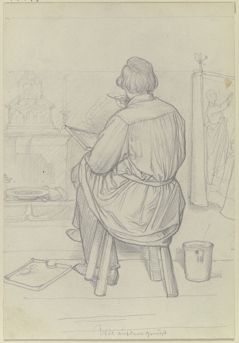 Der Maler Leopold Bode als Rückenfigur sitzend bei der Arbeit — Вильгельм Амандус Бир