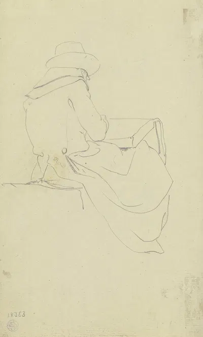 Sitzende Rückenfigur eines Zeichners mit dem Skizzenbuch auf den Knien by Wilhelm von Kobell — digital art print download