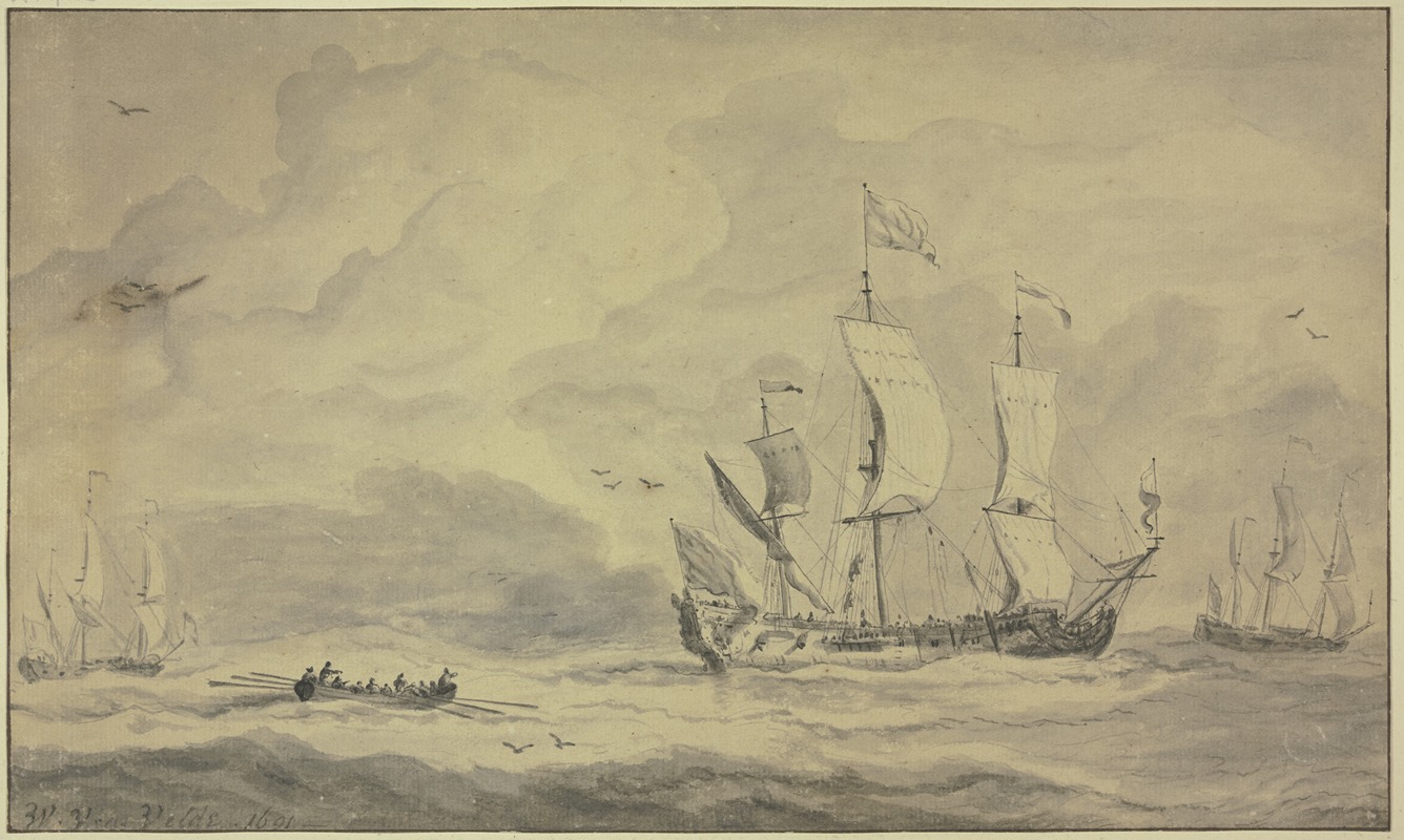 Ein Dreimaster nach rechts segelnd, dahinter ein Ruderboot by Виллем ван де Вельде младший, 1691 — digital art print download
