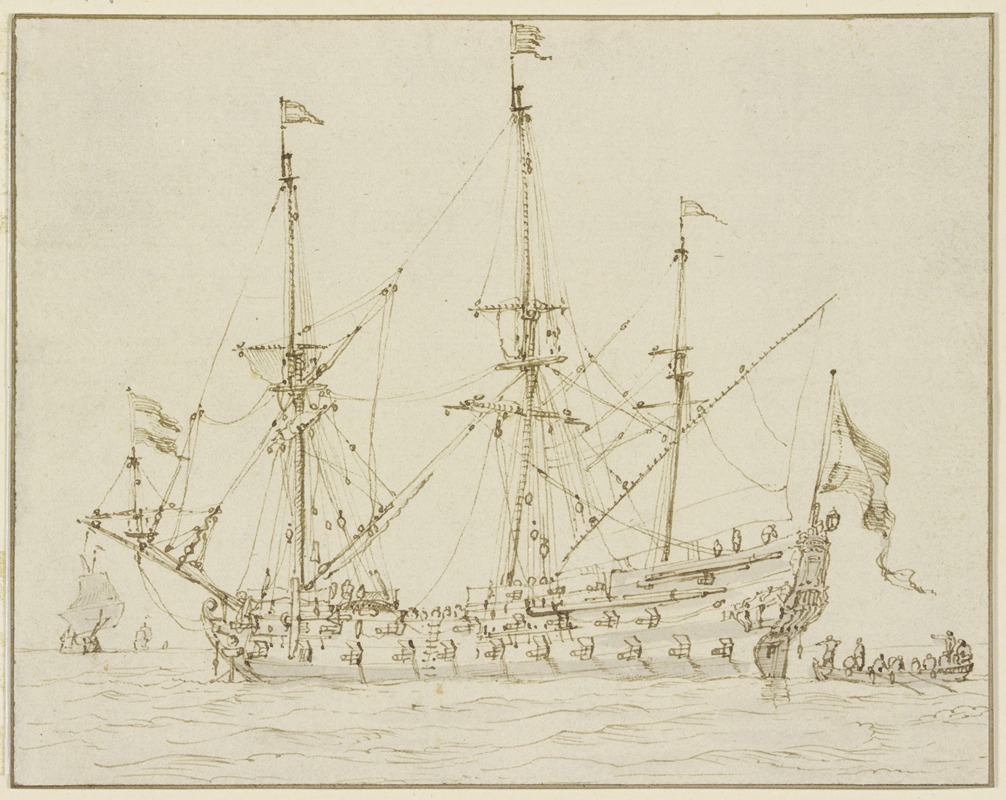 Ein Kriegsschiff mit herabgelassenen Segeln — Willem van de Velde the Younger