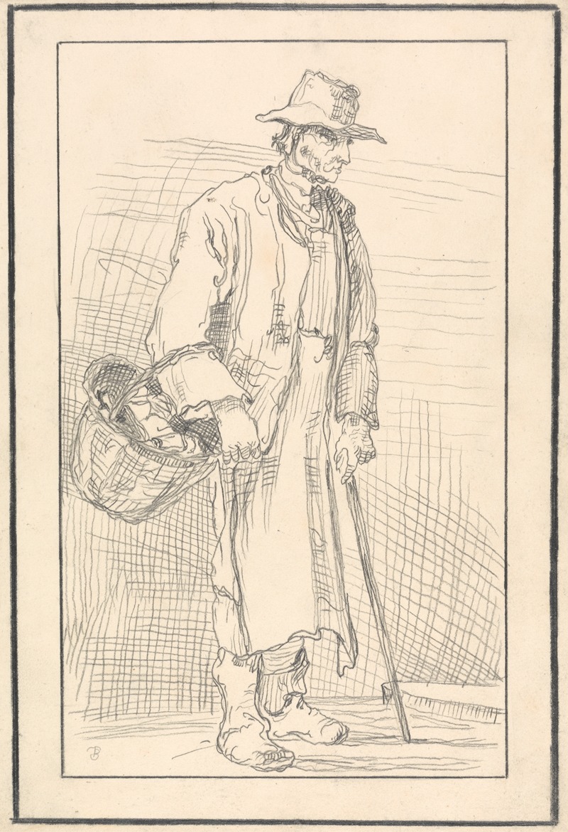 Elderly Figure with a Basket and Cane by Аноним — digital art print download