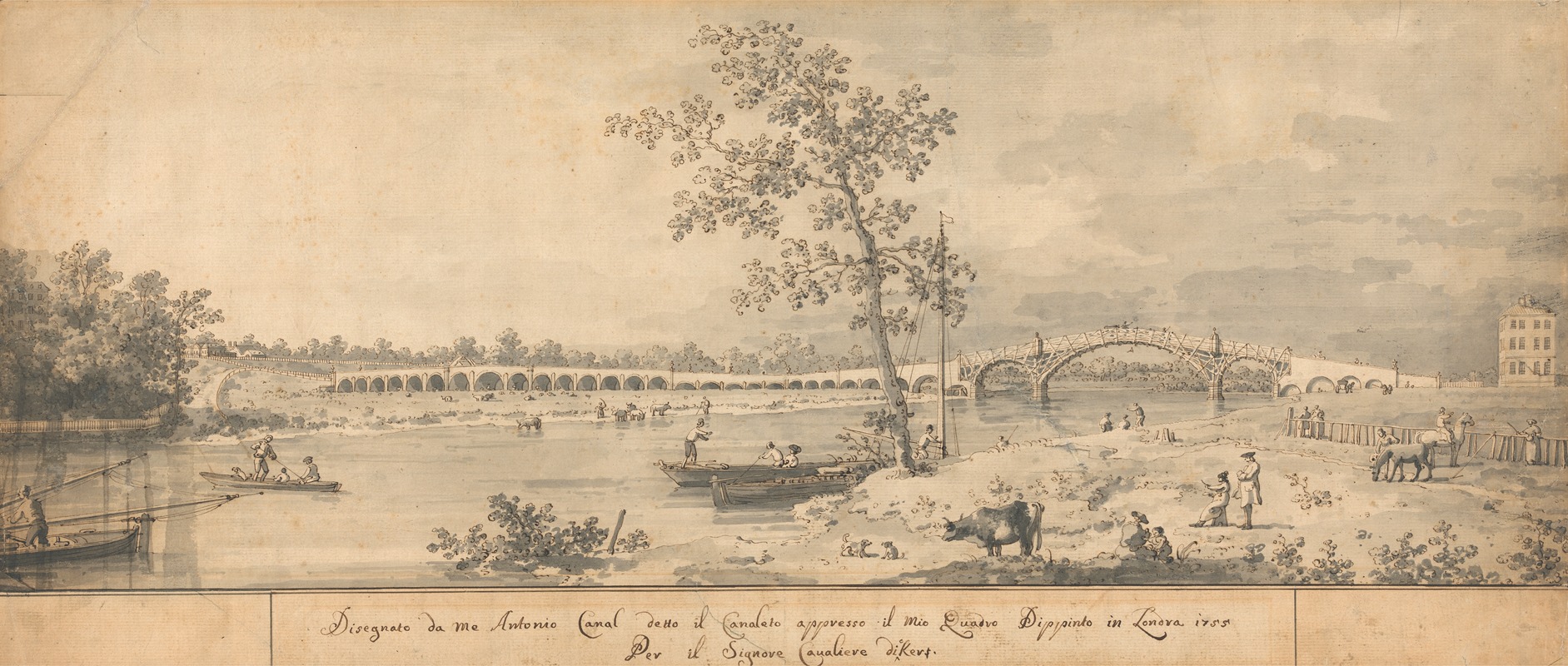 Old Walton Bridge seen from the Middlesex Shore by Каналетто, 1755 — digital art print download