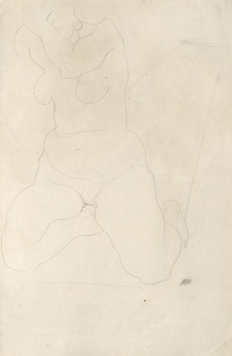 Female nude kneeling on carpet — Egon Schiele