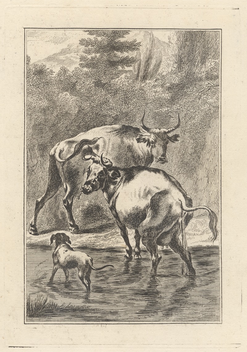 Two cows and a dog in a stream by George Bickham the Younger — digital art print download