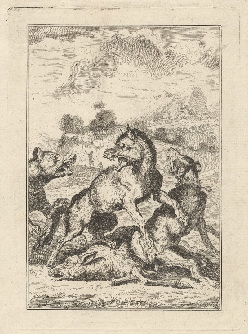 Two hunting dogs, a wolf and a sheep — George Bickham the Younger