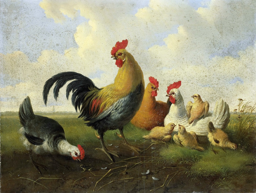 A rooster with Hens and Chicks by Albertus Verhoesen, 1855 — digital art print download