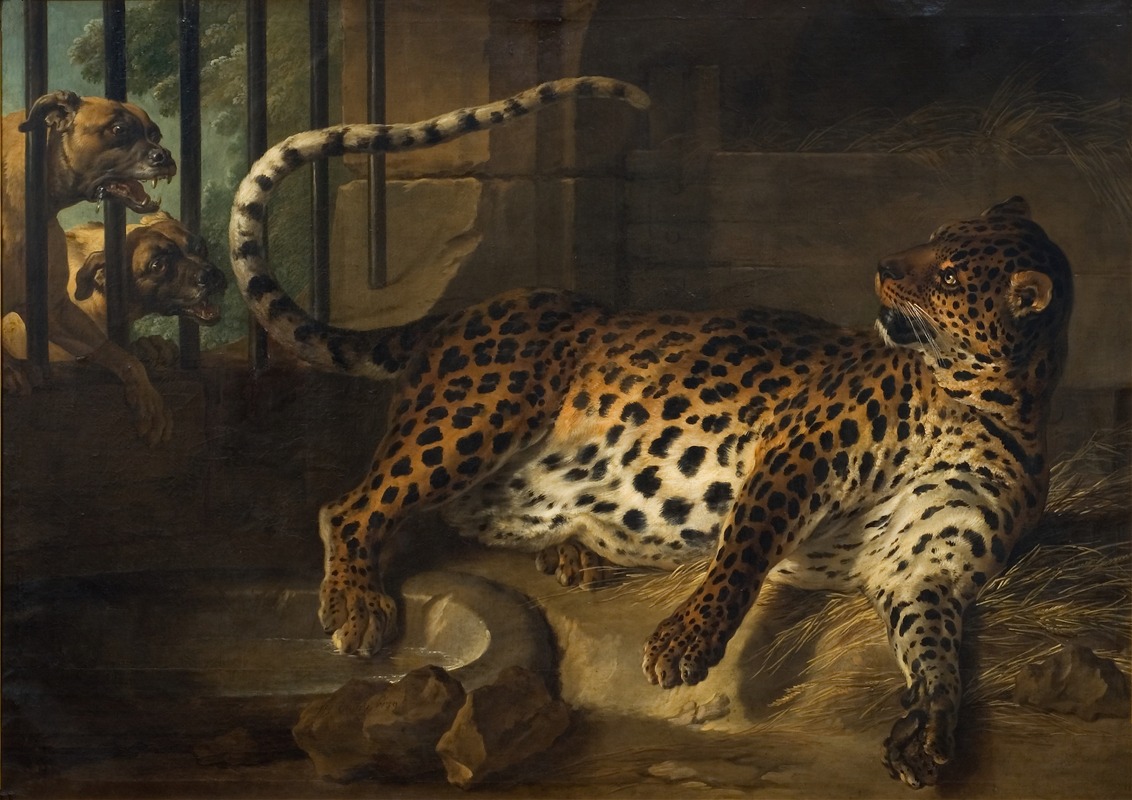 Leopard in a Cage confronted by two Mastiffs by Жан-Батист Удри, 1739 — digital art print download