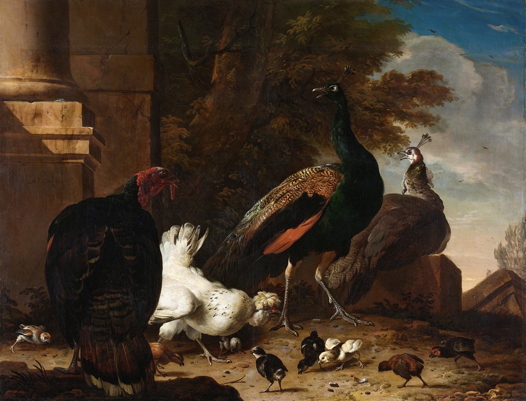 A Hen with Peacocks and a Turkey by Мельхиор д'Ондекайтер, c. 1680 — digital art print download