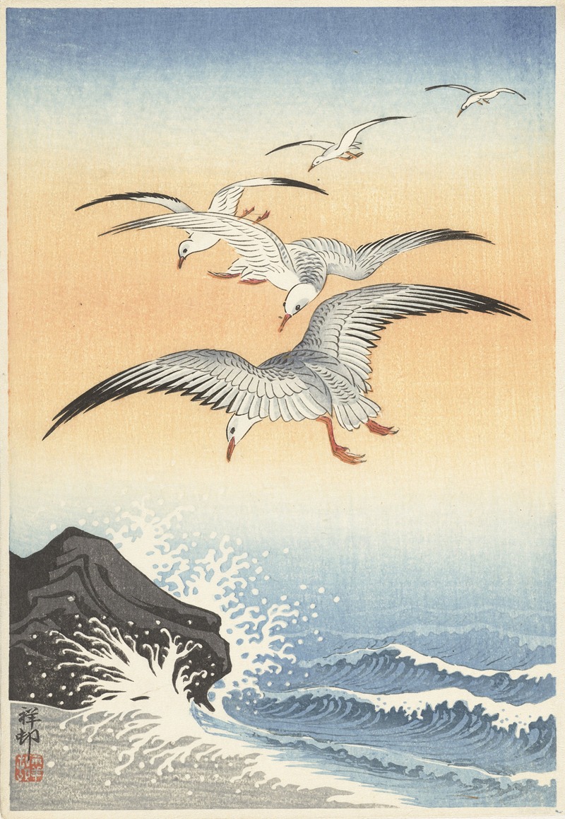 Five seagulls above turbulent sea — Охара Косон