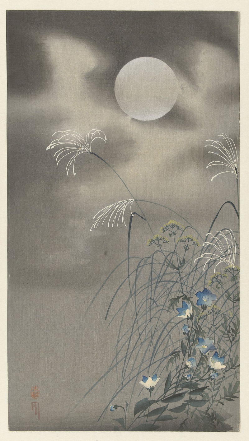 Grasses and flowers at full moon — Ohara Koson