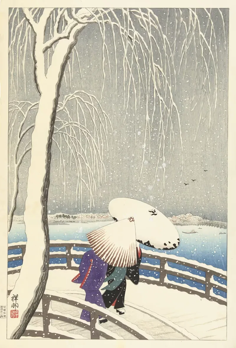 In the snow on Yanagibashi — Ohara Koson