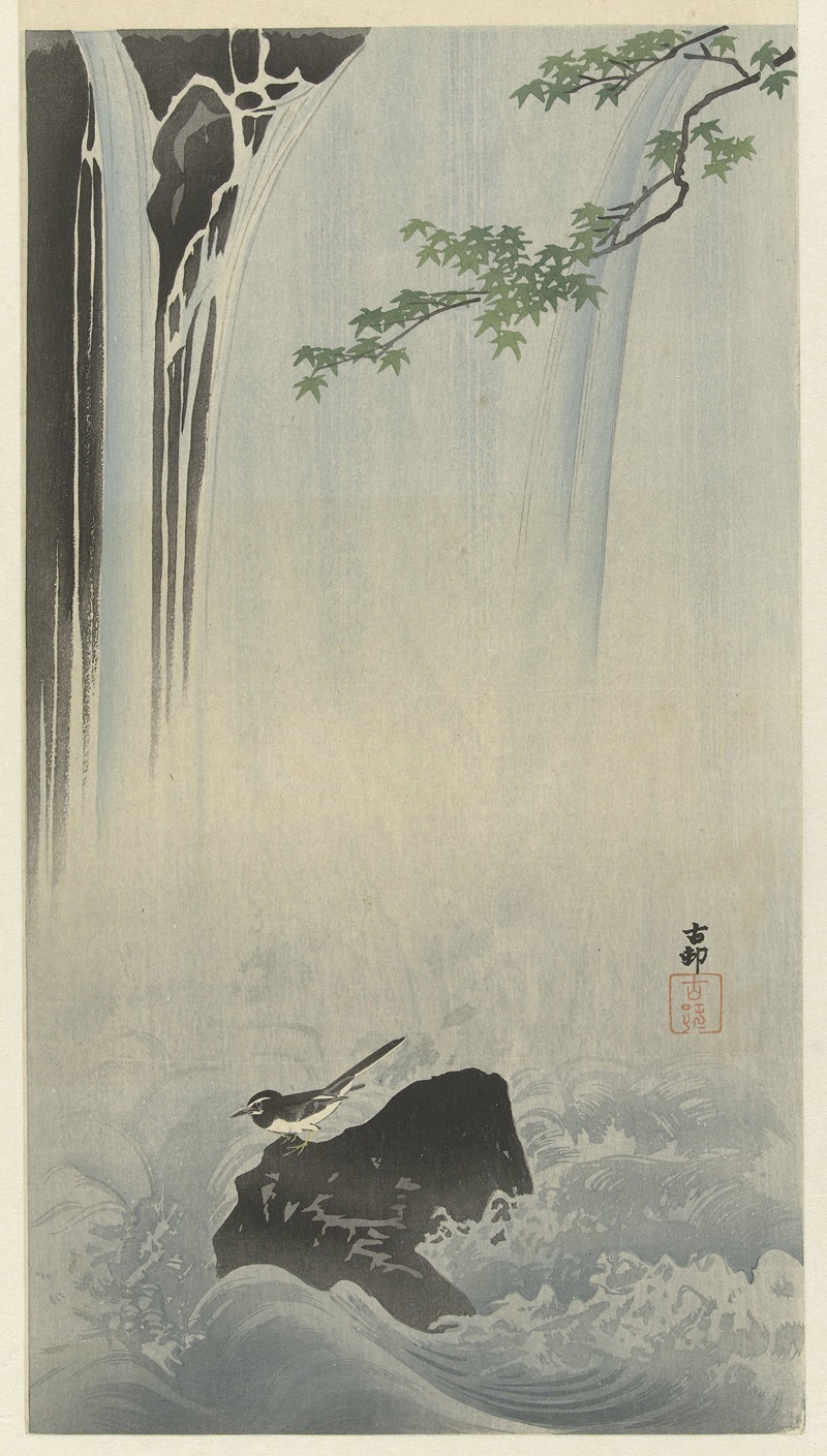 Japanese wagtail at waterfall by Охара Косон, 1900 - 1930 — digital art print download