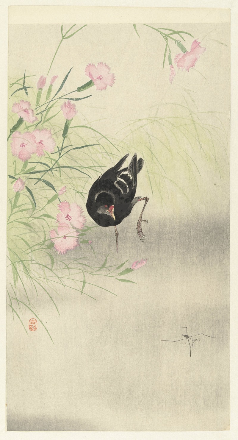 Moorhen at flowering plant — Ohara Koson