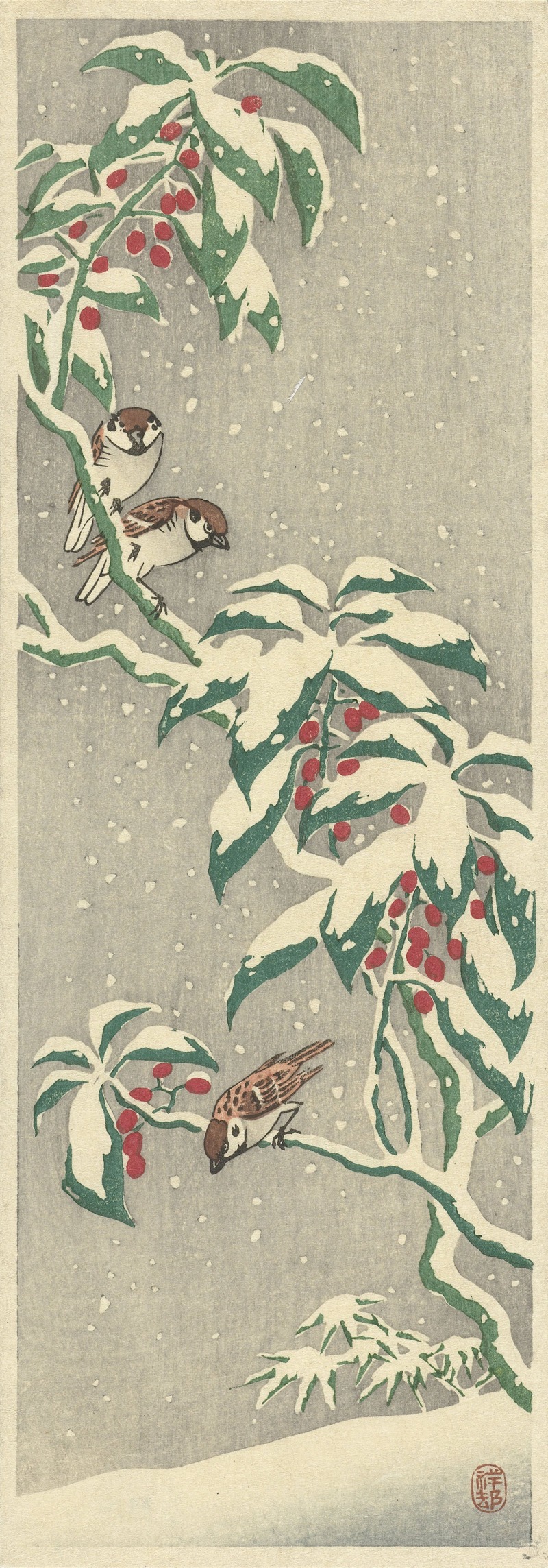 Sparrows on snowy currant bush by Охара Косон, 1900 - 1945 — digital art print download