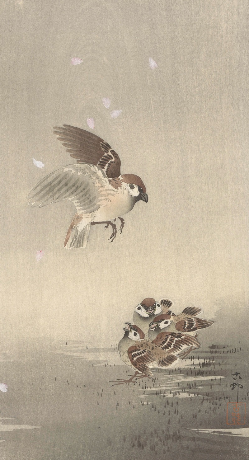 Tree sparrow with young by Охара Косон, 1900 - 1936 — digital art print download