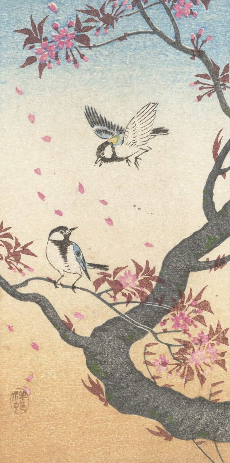 Two great tits at blossoming tree by Охара Косон, 1925 - 1936 — digital art print download