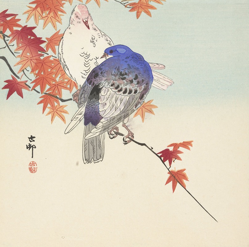 Two pigeons on autumnal branch — Охара Косон