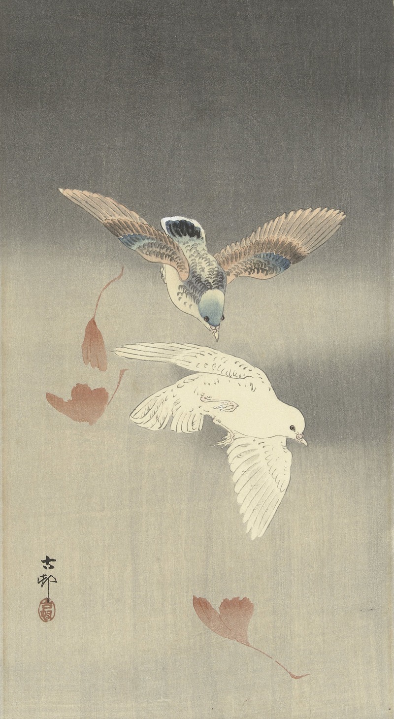 Two pigeons with falling ginkgo leaves by Охара Косон, 1900 - 1930 — digital art print download