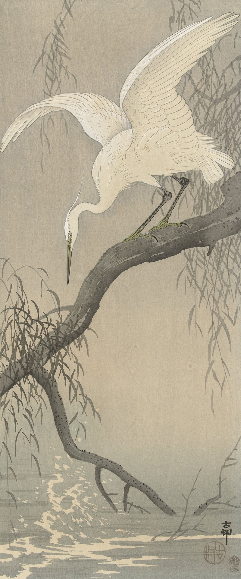 White heron on tree branch by Охара Косон, 1900 - 1910 — digital art print download