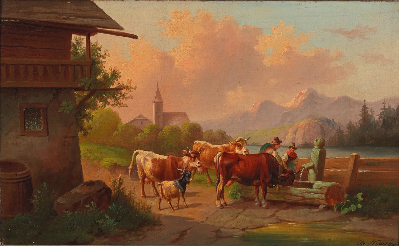 Kühe mit Hirte und Hirtin an der Tränke — Adolf Nowey