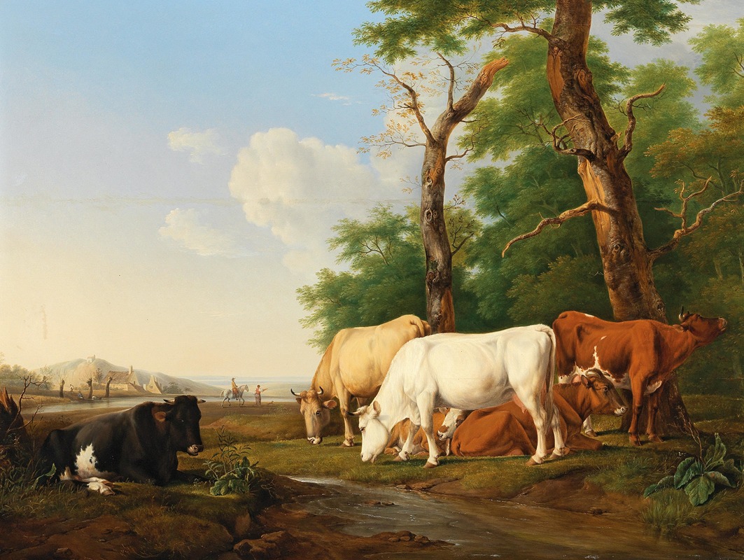 Cows in a meadow by Alexander Johann Dallinger von Dalling — digital art print download