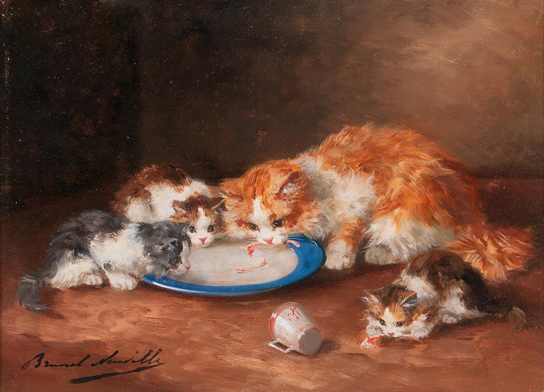 Mother Cat with Three Kittens by Артур-Алфред Брунель де Нёвиль — digital art print download