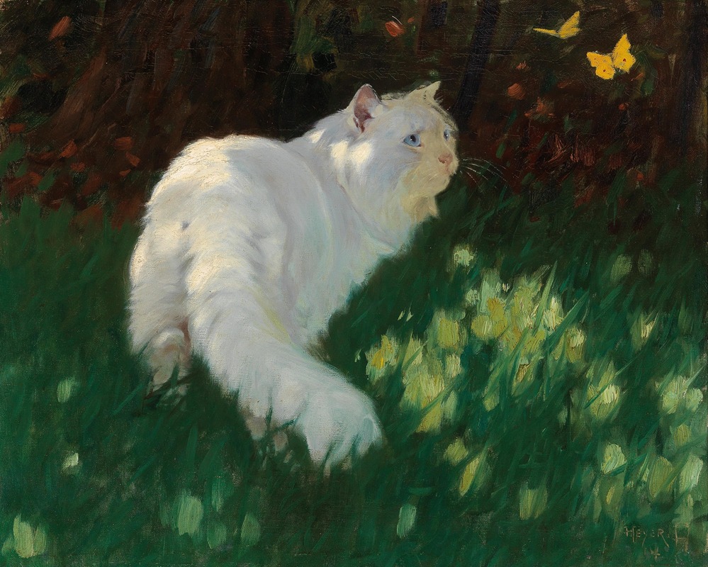 White Cat and Butterflies by Артур Хейер — digital art print download