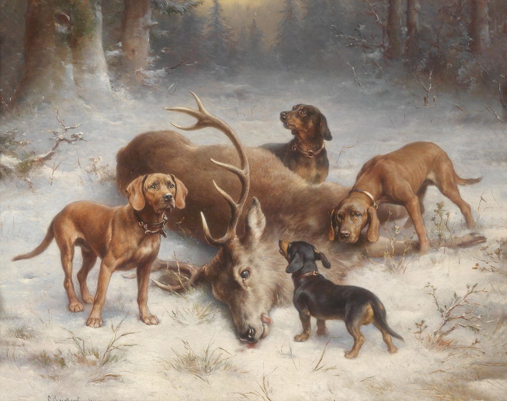 Schweißhunde mit erlegtem Hirsch by Carl Reichert, 1902 — digital art print download