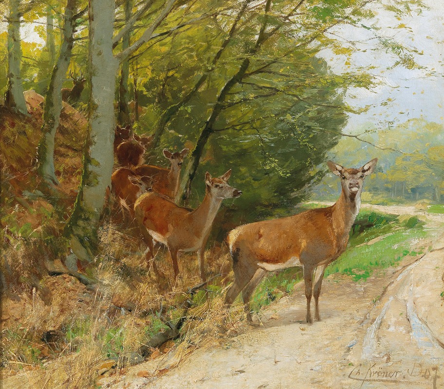 Pack of Red Deer Crossing a Track — Christian Kröner