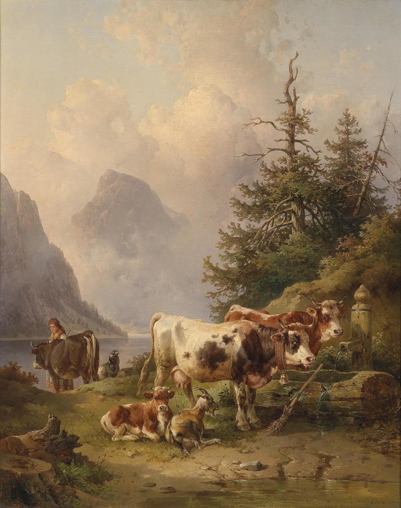 Viehherde mit Hirtin am Seeufer — Эдмунд Малькнехт
