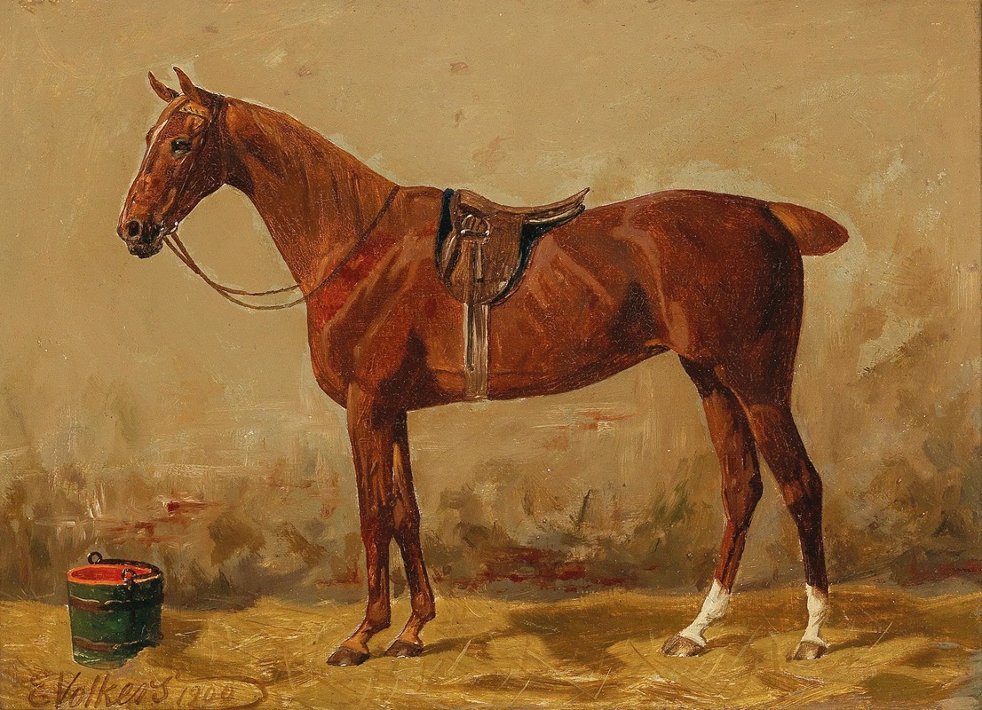 Saddled Chestnut in the Stable by Эмиль Волькерс — digital art print download