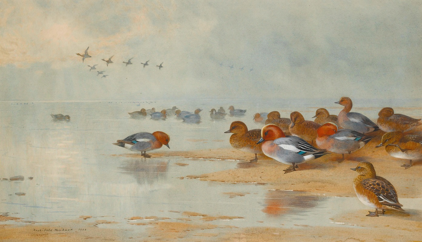 Wigeon And Teal By The Water's Edge — Archibald Thorburn