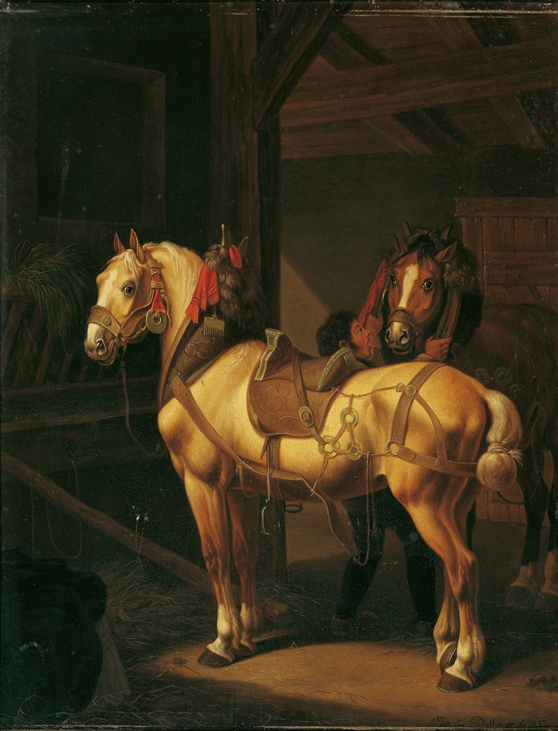 Zwei Zugpferde Im Stall by Johann Baptist Dallinger von Dalling, 1832 — digital art print download