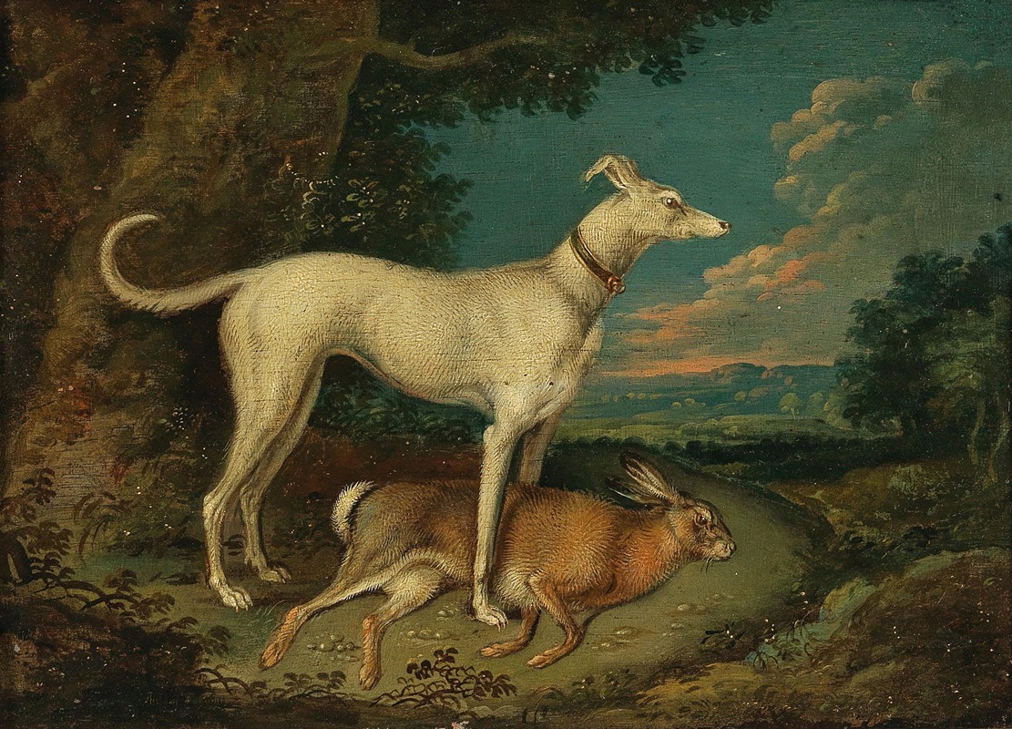A hunting dog with a rabbit by Anton Enzinger — digital art print download