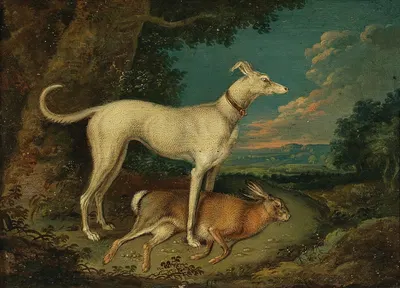 A hunting dog with a rabbit by Anton Enzinger — digital art print download