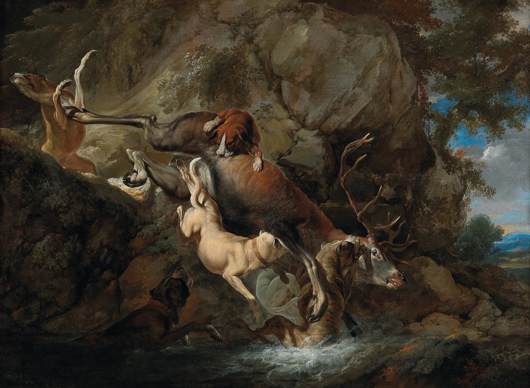 Dogs attacking a stag by Карл Борромео Андреас Рутарт — digital art print download