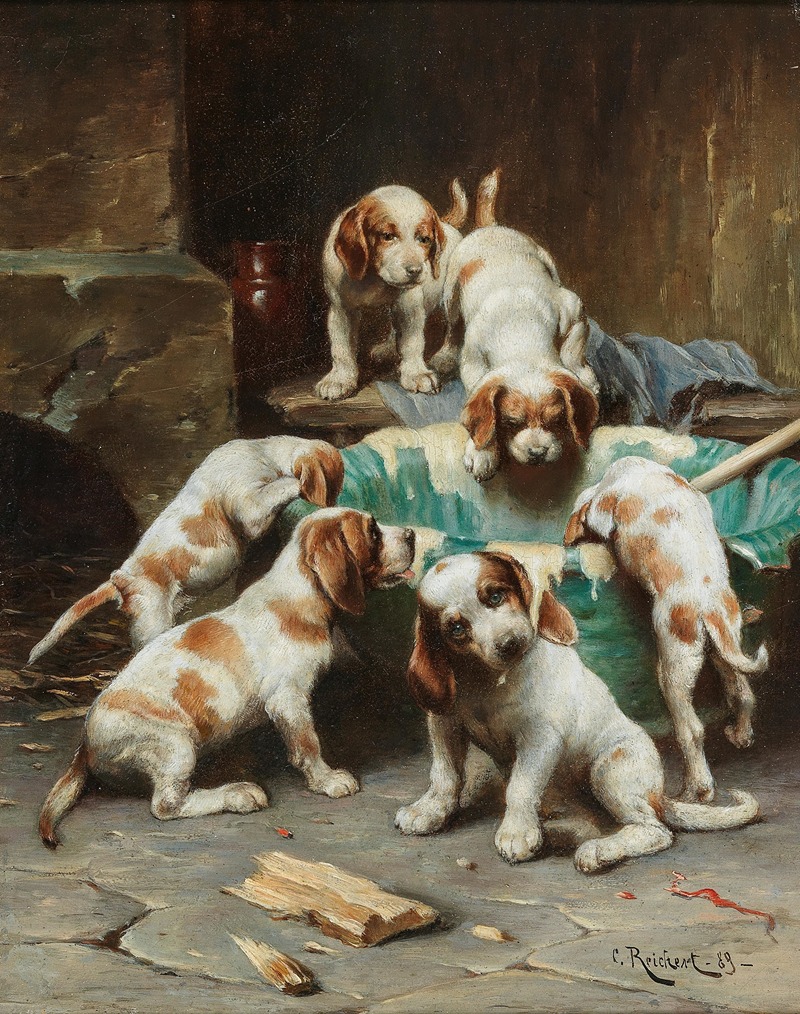 Beagle Puppies Feasting by Carl Reichert, 1889 — digital art print download