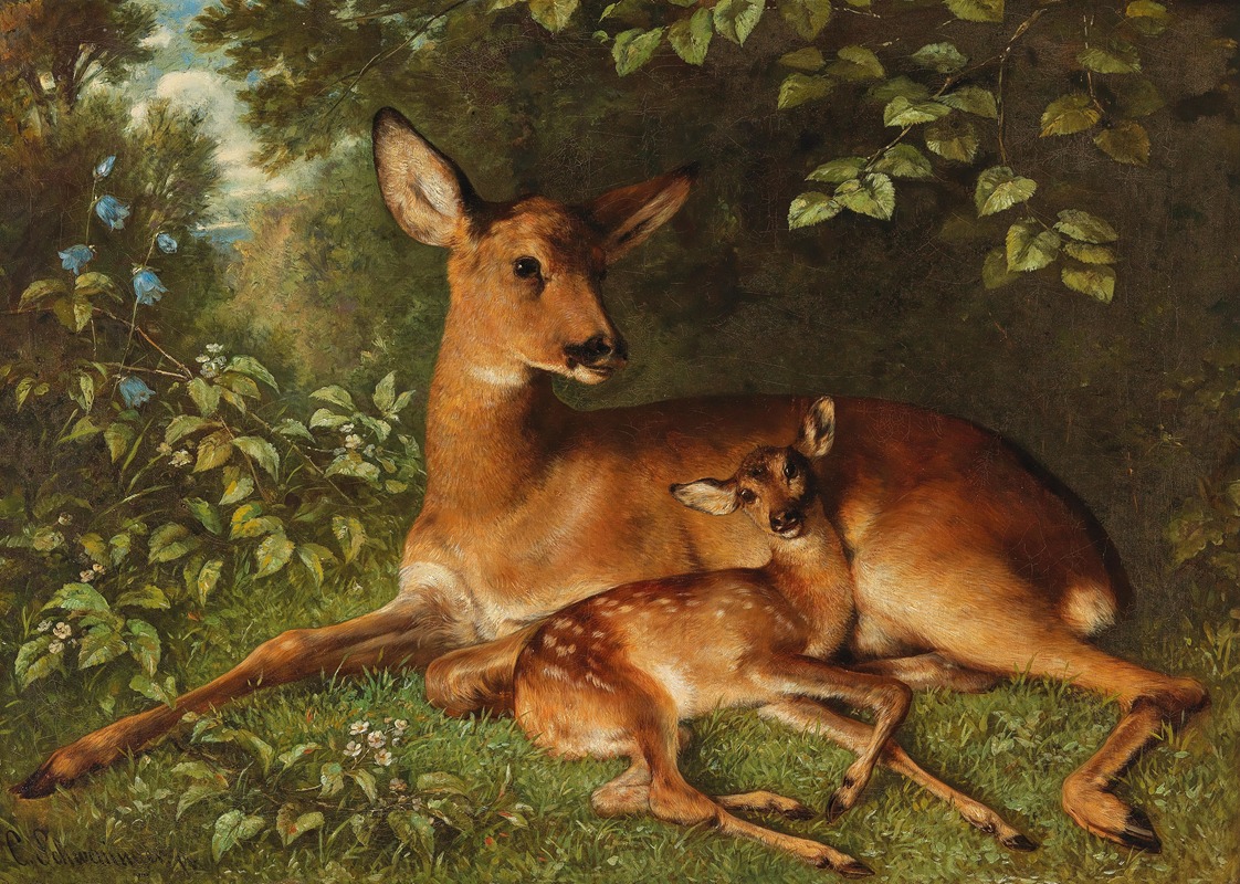 A Doe with Fawn by Карл Швенингер-младший — digital art print download