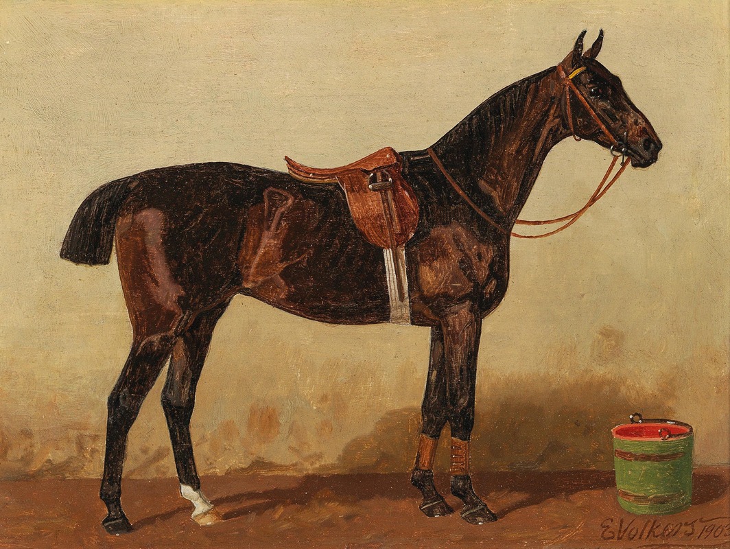A Saddled Bay Horse in a Stable — Emil Volkers
