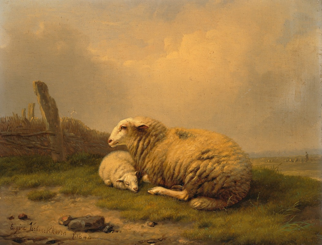 A resting sheep and a lamb by Южен Жозеф Вербокховен, 1840 — digital art print download