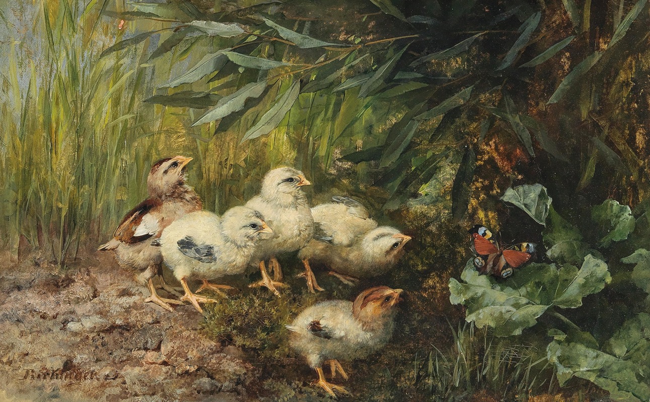 Chicks and a Butterfly, by Franz Xaver Birkinger — digital art print download