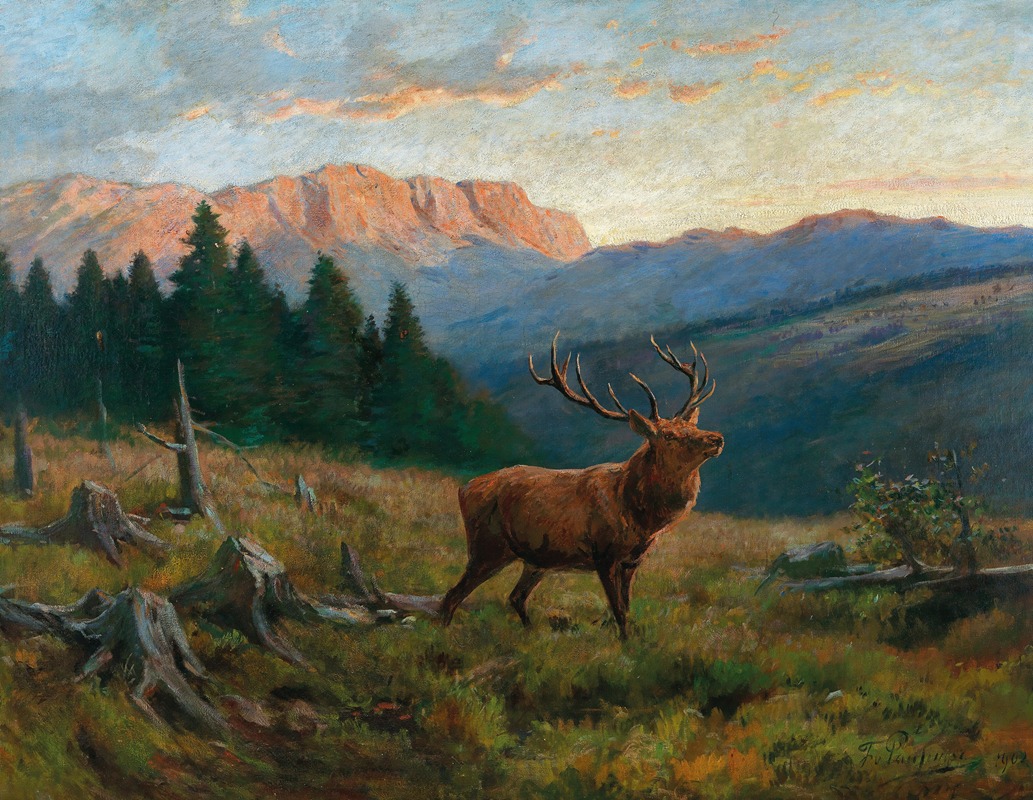 A Royal Stag at Dusk by Франц Ксавер фон Паузингер, 1902 — digital art print download