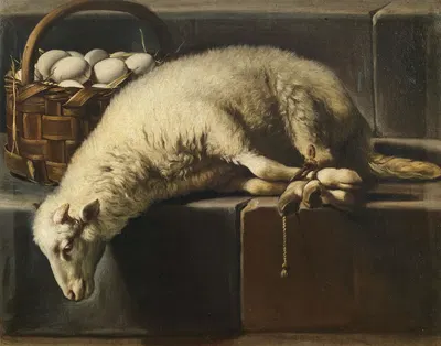 A ligated lamb besides a basket of eggs, an Allegory of Easter by Giovanni Battista Recco — digital art print download