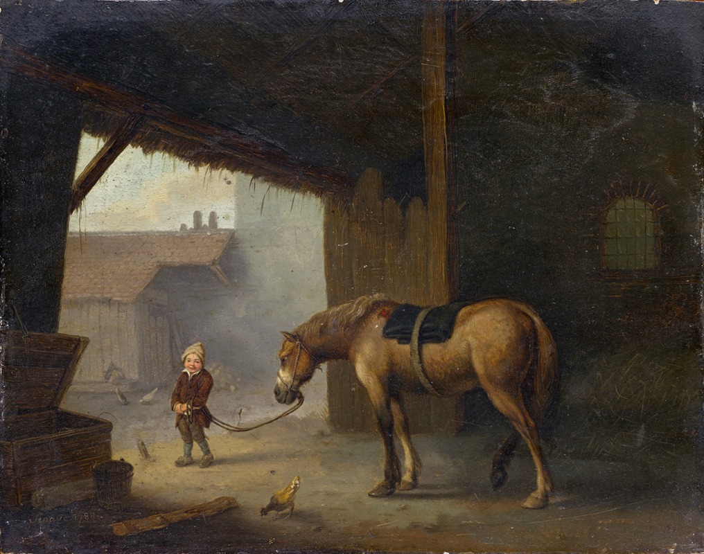 Boy with a Horse in a Stable by Жак Альбер Сенав, 1788 — digital art print download