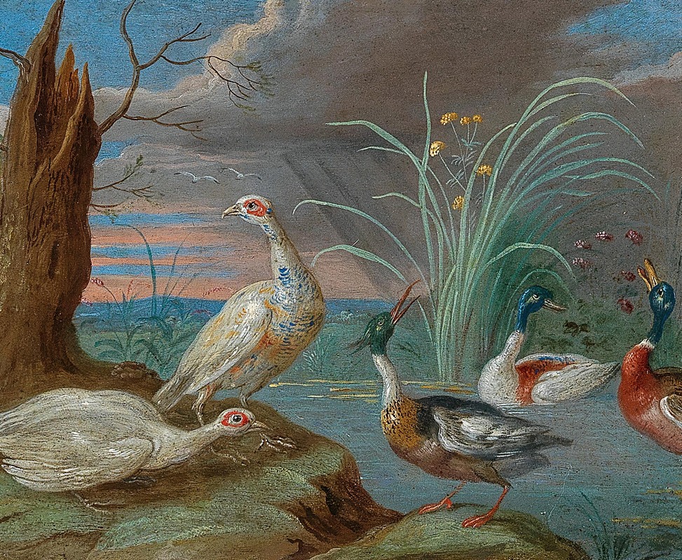 Ducks and other birds near a pond — Jan Van Kessel The Elder