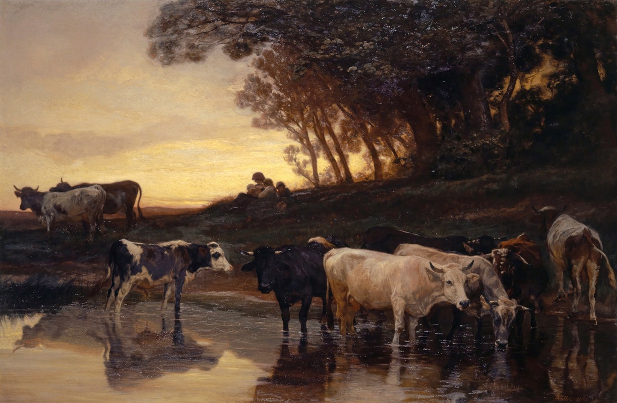 Cows at the Watering Place by Иоганн Рудольф Коллер, 1868 — digital art print download
